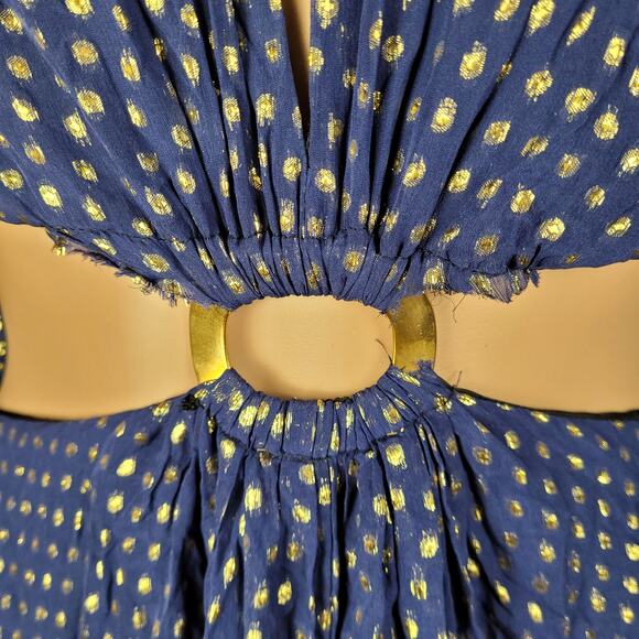 Delfi Collective Cerise navy blue metallic gold polka dot silk dress medium - Picture 9 of 15